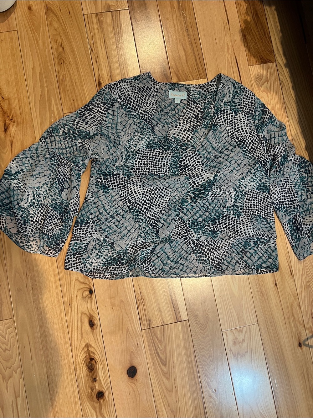 Veronica M Teal and Black Patterned V-Neck Blouse